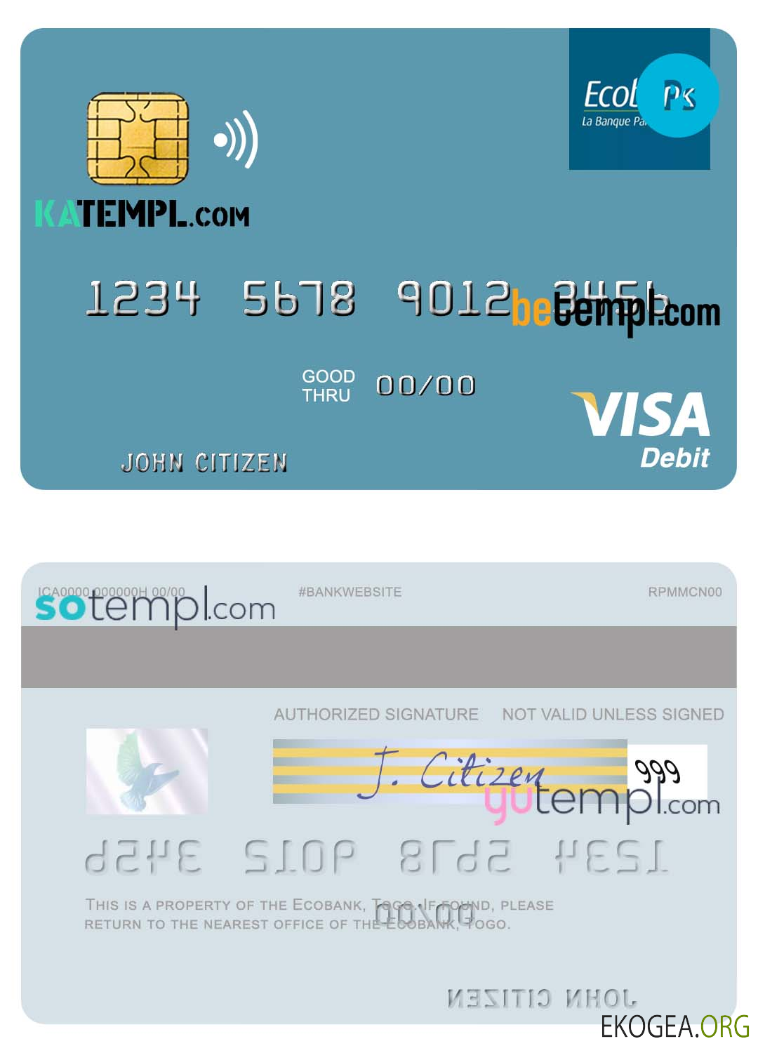 Modèle de carte de débit visa Togo Ecobank au format PSD
